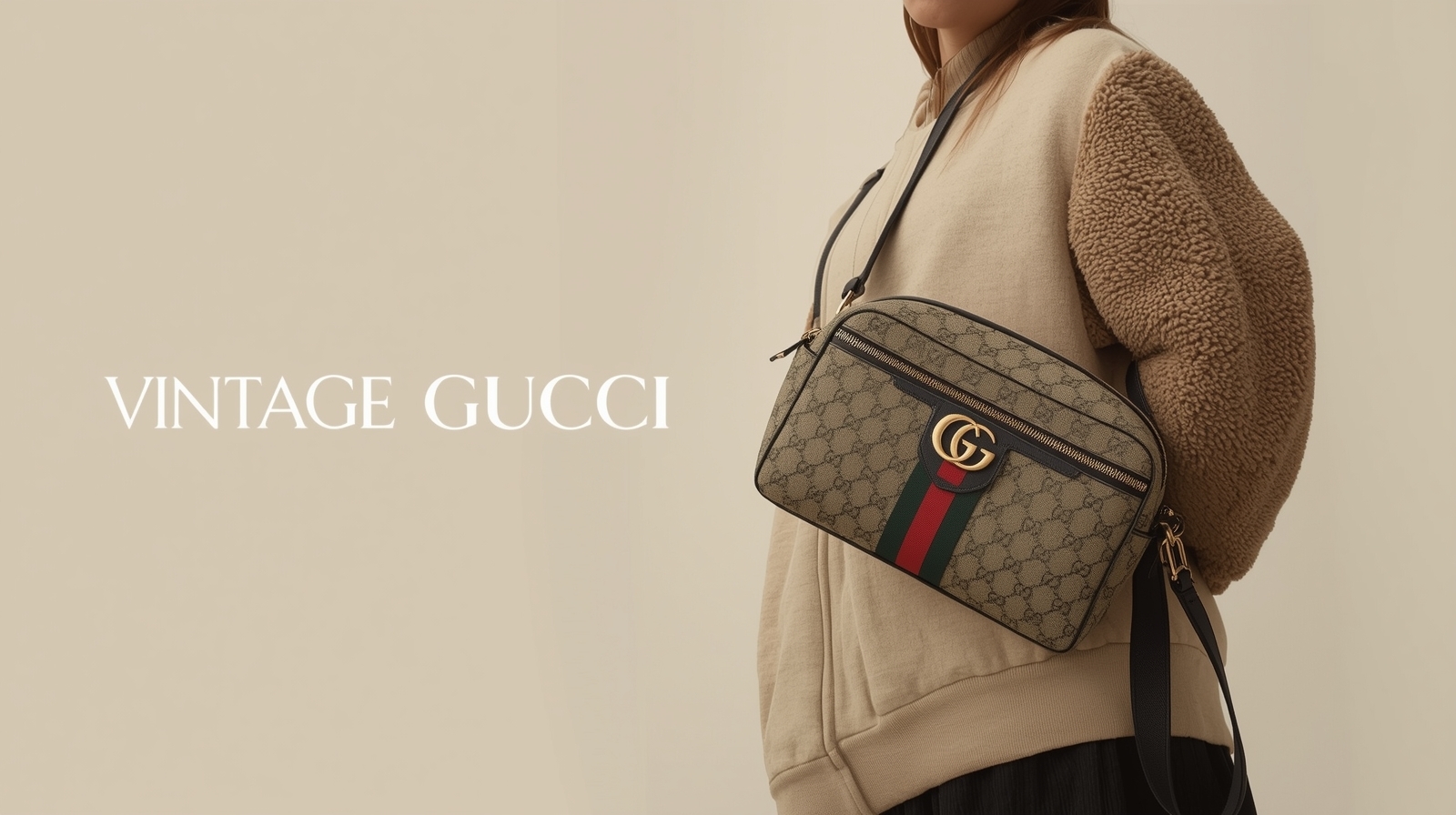Editorial banner showcasing luxury vintage Gucci handbag styling